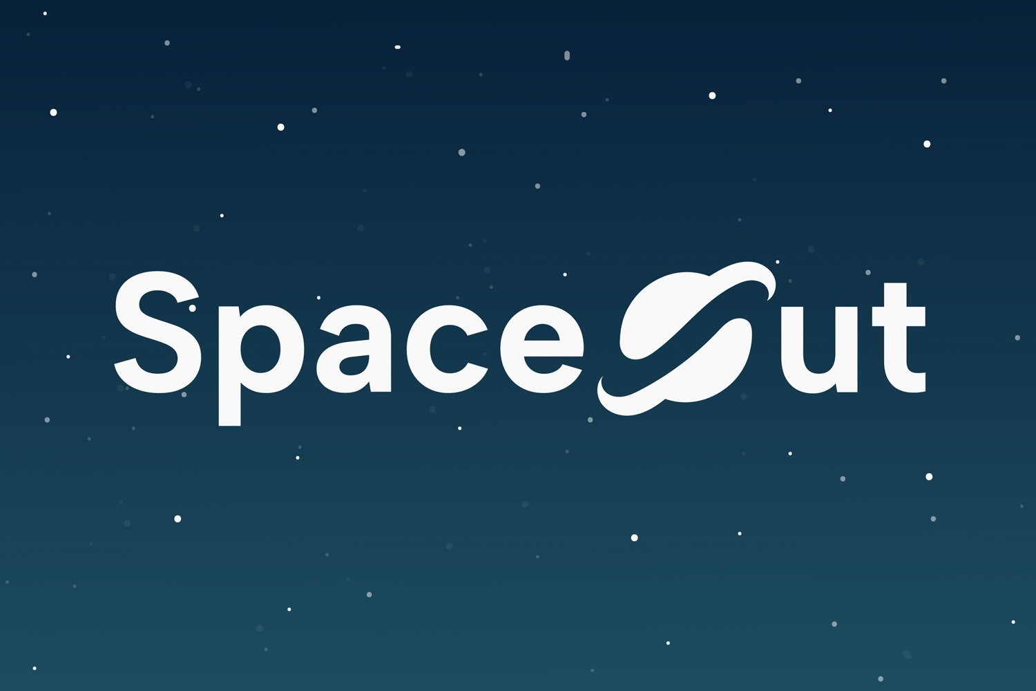 Portefølje cover for SpaceOut. Logoen SpaceOut er plassert på en mørk bakgrunn med stjerner